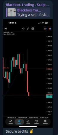 Telegram post replying to the call 'Trying a sell', with a gold chart and the caption 'Secure profits'.